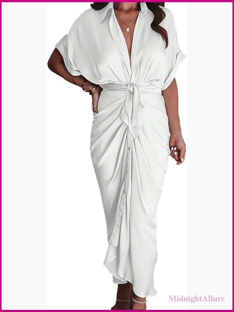 Maxi Dress V-Neck Button Down Tie Waist Casual Beach Wedding